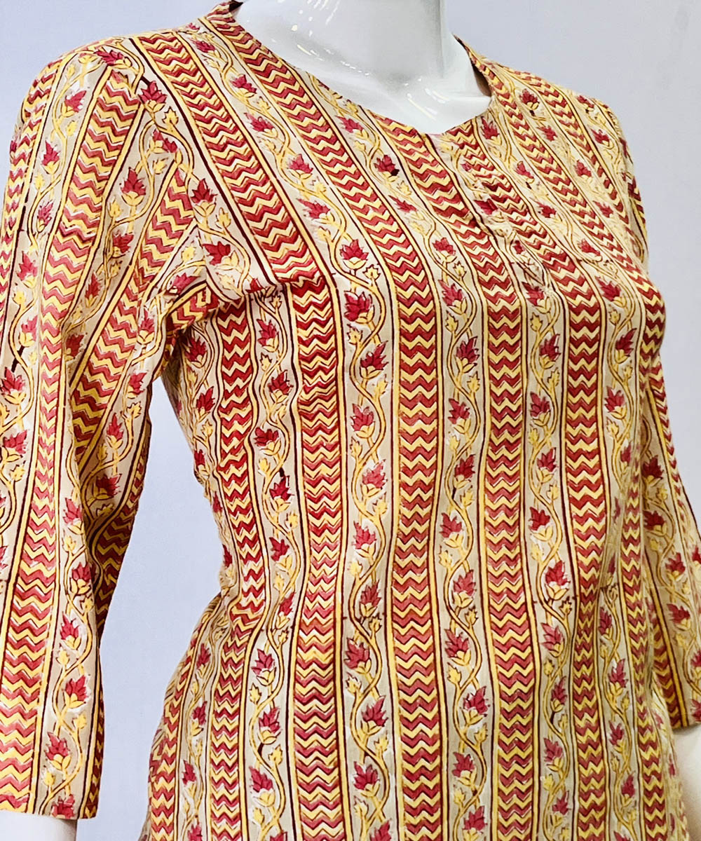 Yellow red kalamkari handblock printed cotton top