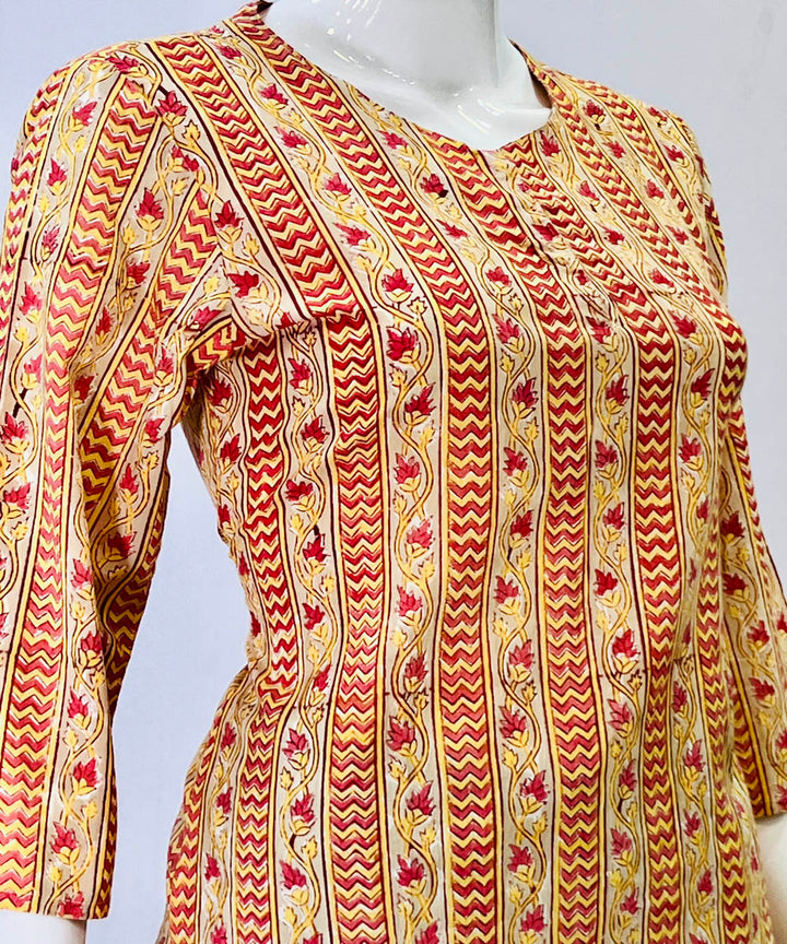 Yellow red kalamkari handblock printed cotton top