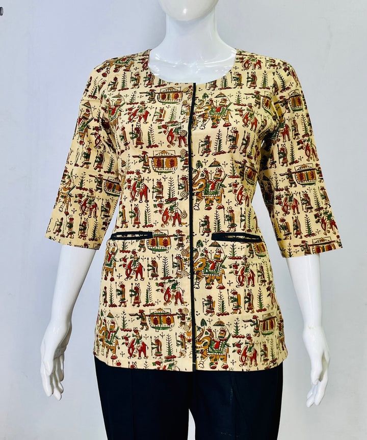 Beige green kalamkari handblock printed cotton top