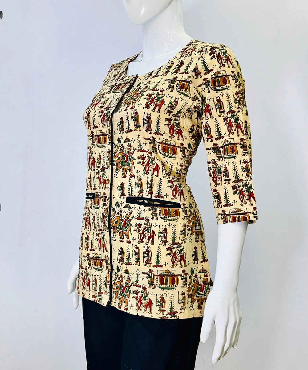 Beige green kalamkari handblock printed cotton top