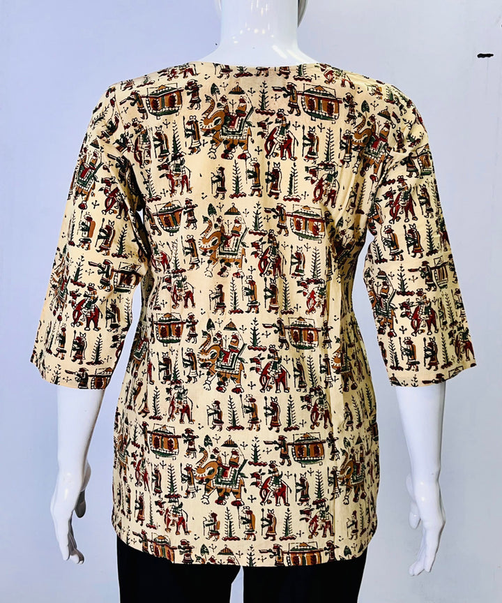 Beige green kalamkari handblock printed cotton top
