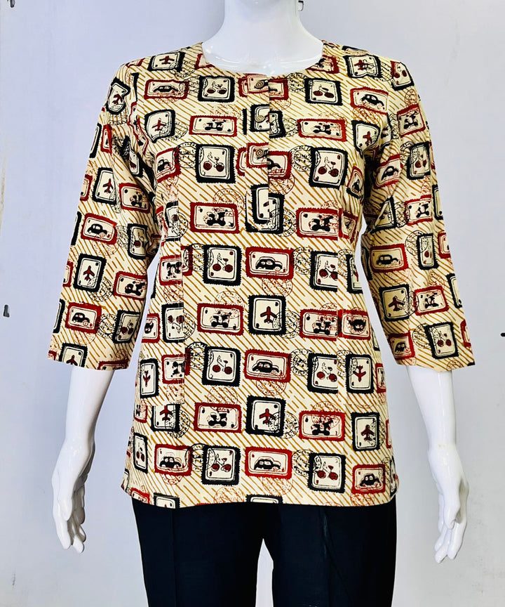Beige handblock printed cotton top