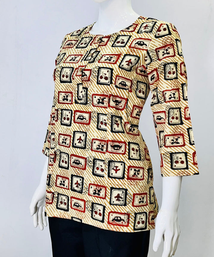 Beige handblock printed cotton top