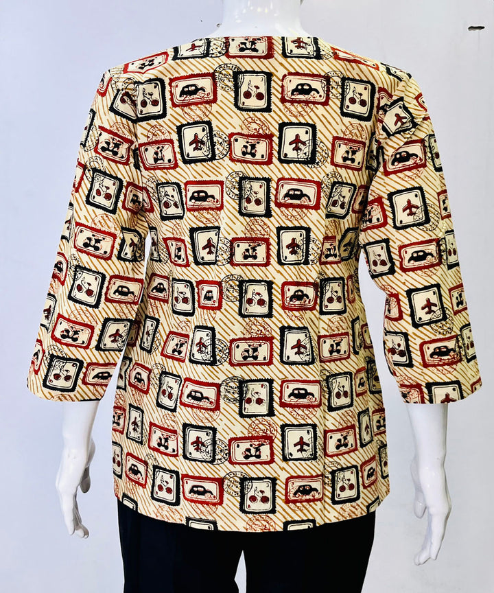 Beige handblock printed cotton top