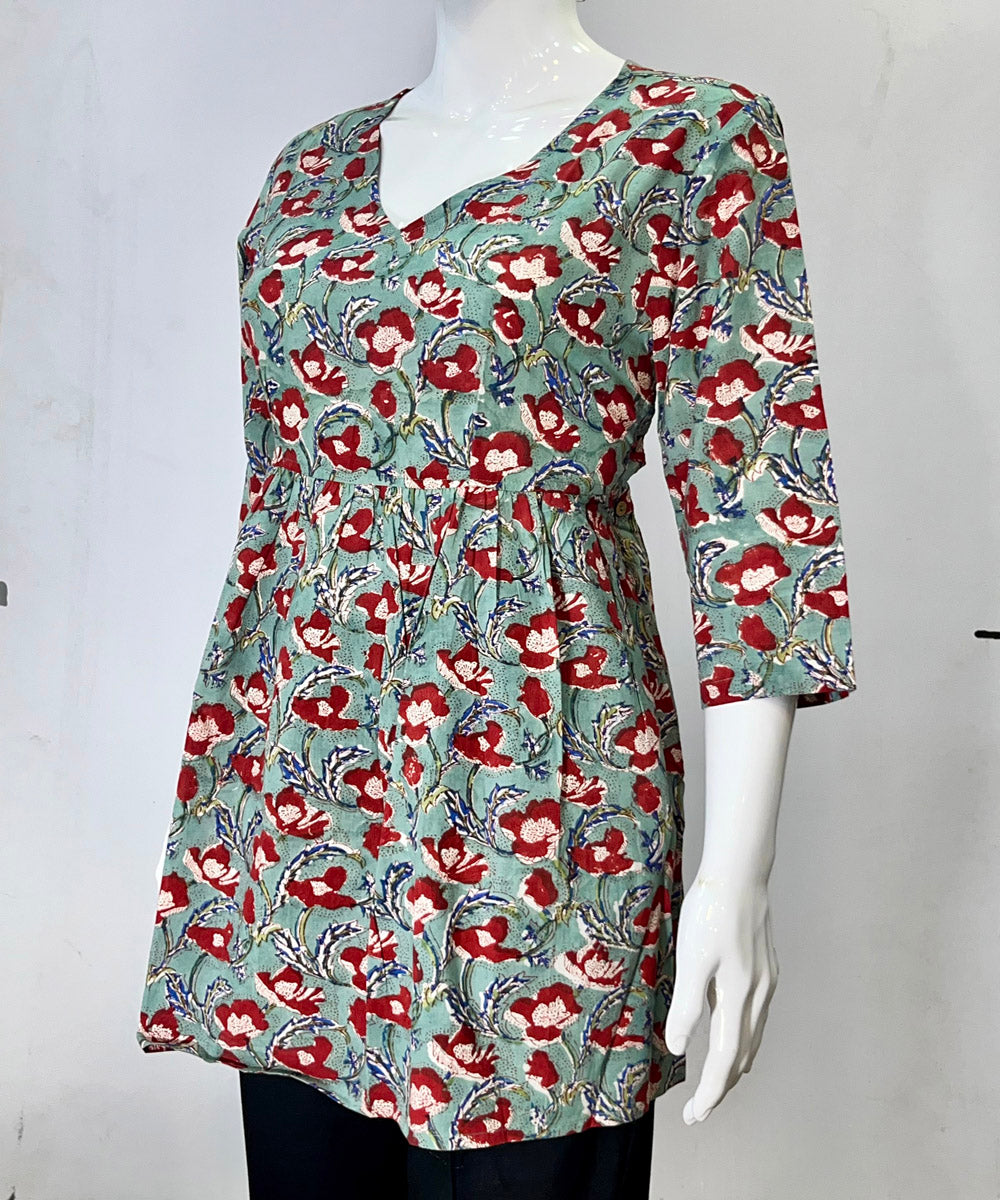 Sea green handblock printed cotton top