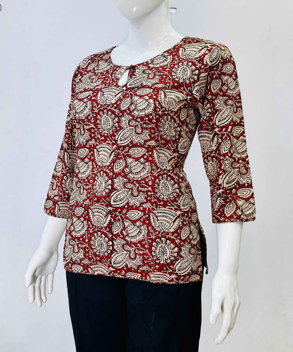 Maroon beige kalamkari handblock printed cotton top
