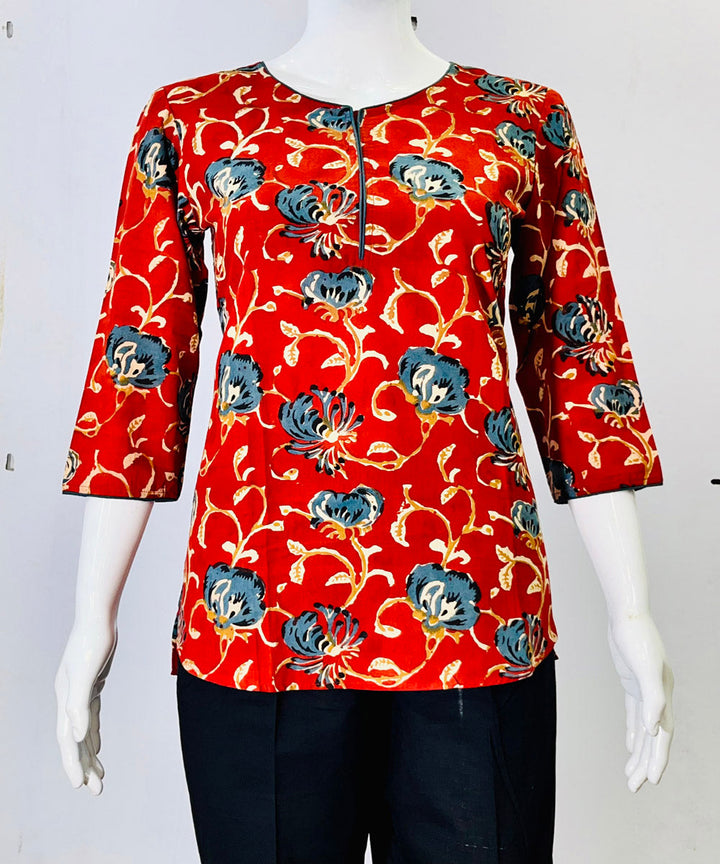 Red blue kalamkari handblock printed cotton top