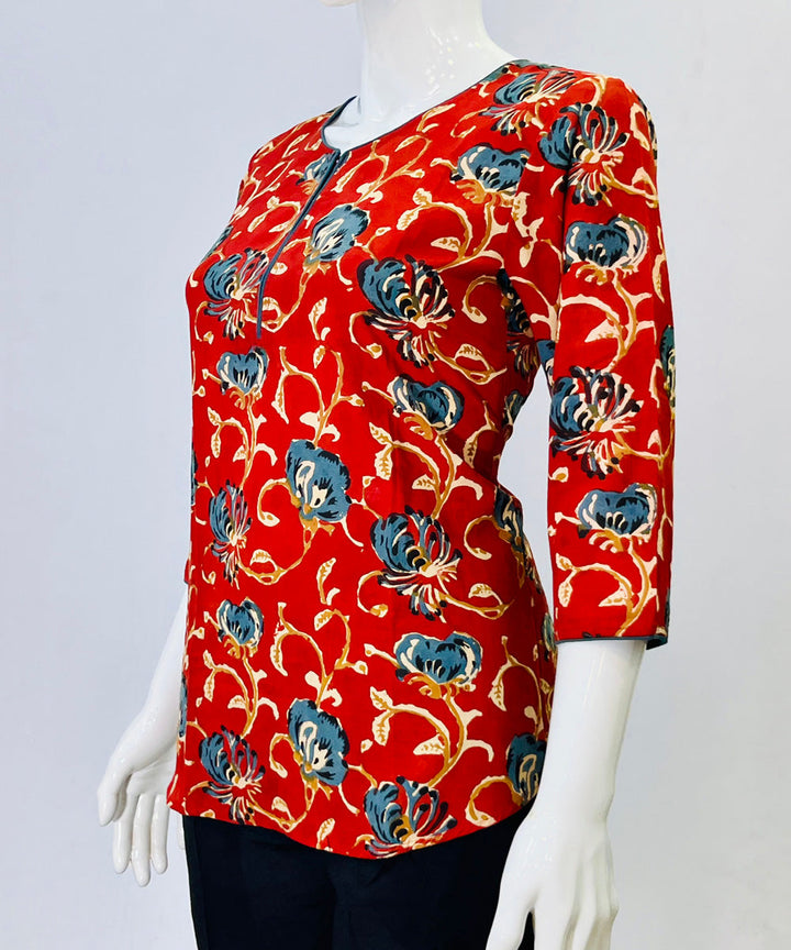 Red blue kalamkari handblock printed cotton top