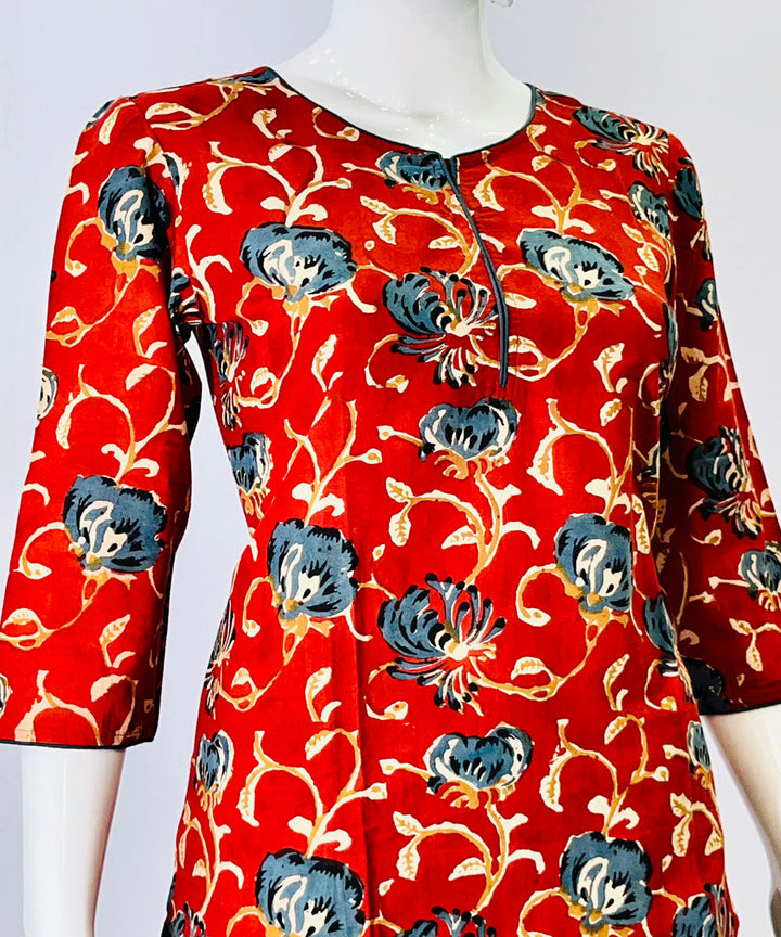 Red blue kalamkari handblock printed cotton top