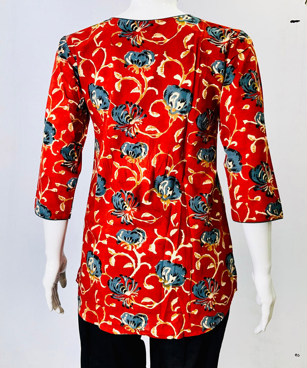 Red blue kalamkari handblock printed cotton top