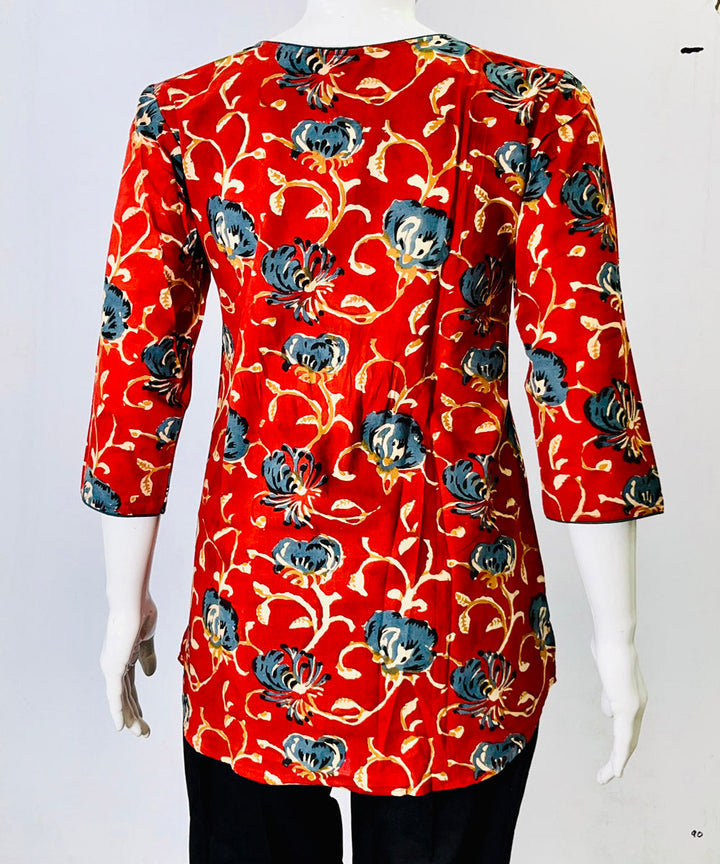 Red blue kalamkari handblock printed cotton top