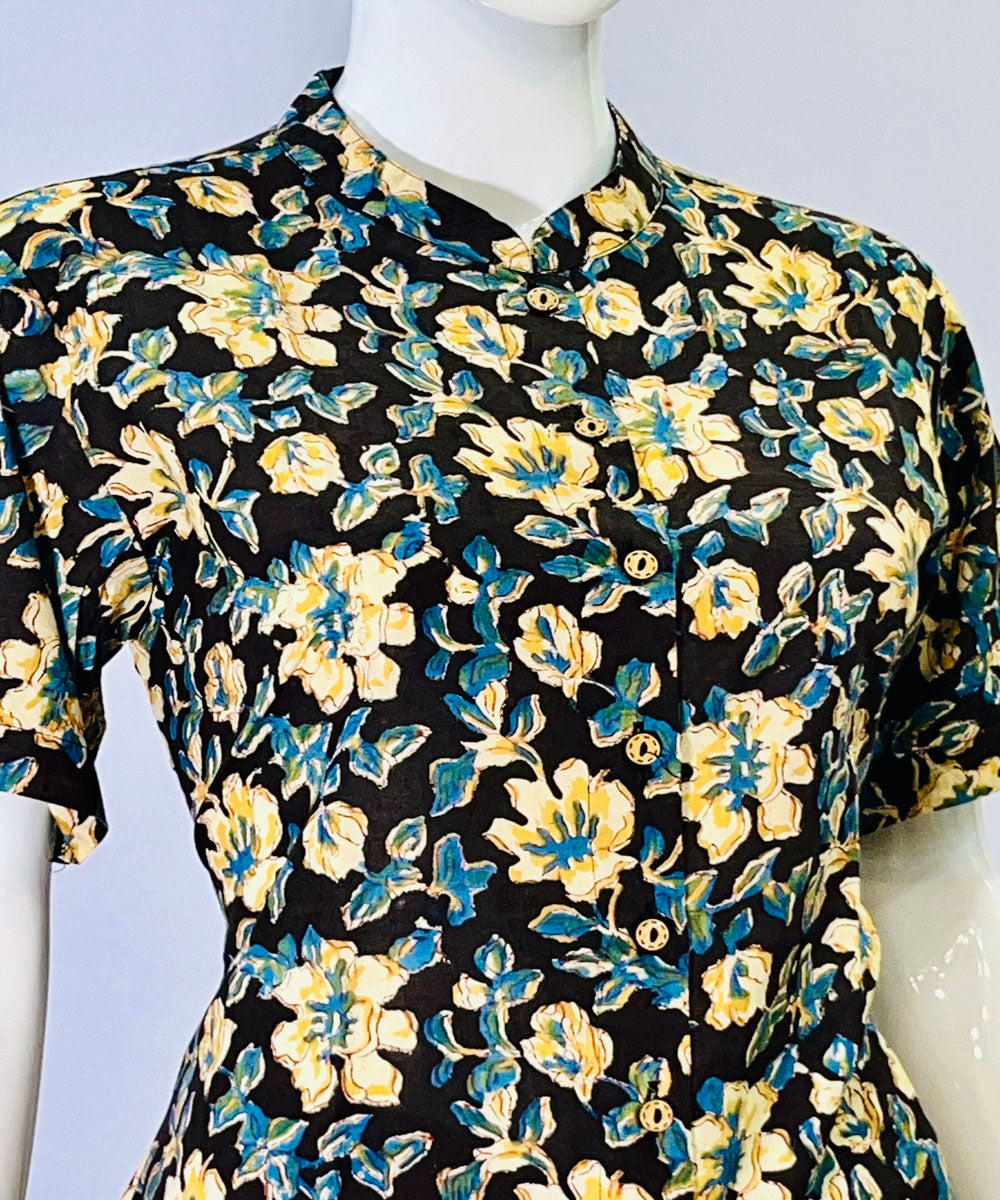 Blue beige kalamkari handblock printed cotton top