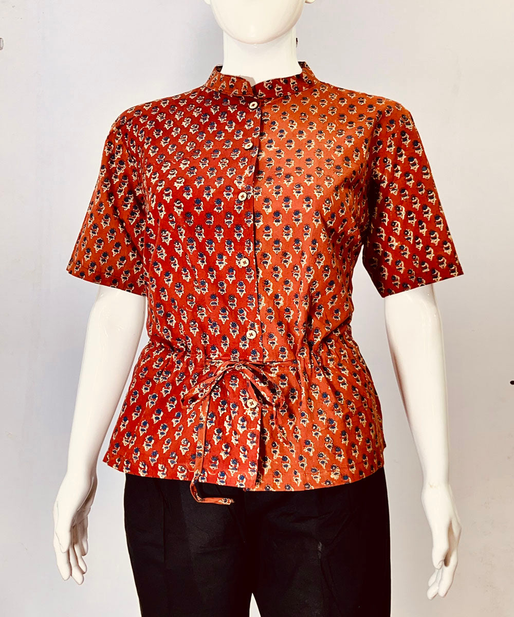 Brick red handblock printed cotton top