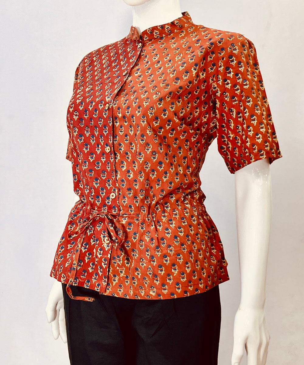 Brick red handblock printed cotton top