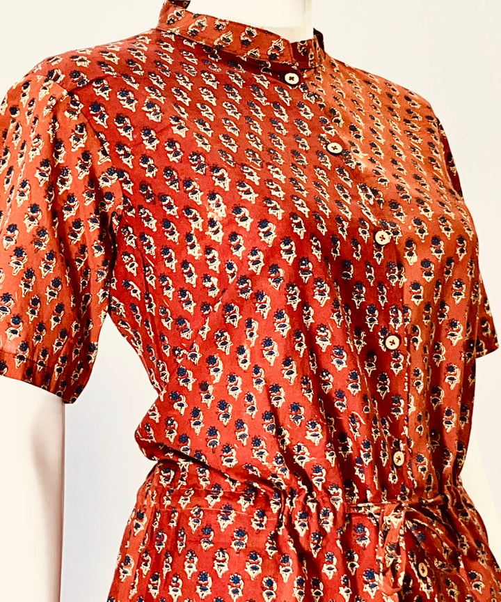 Brick red handblock printed cotton top