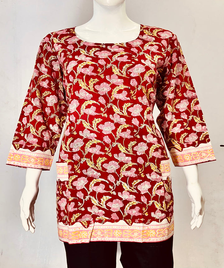 Red pink handblock printed cotton top