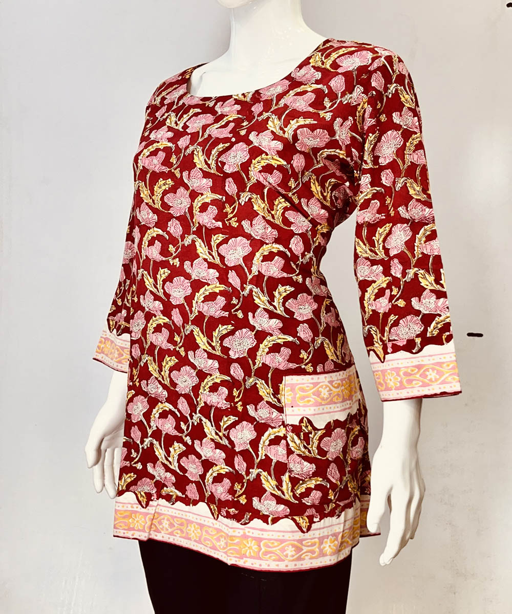 Red pink handblock printed cotton top