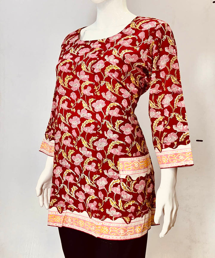 Red pink handblock printed cotton top