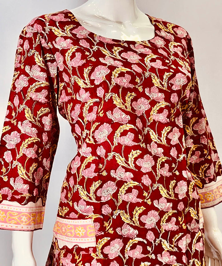 Red pink handblock printed cotton top