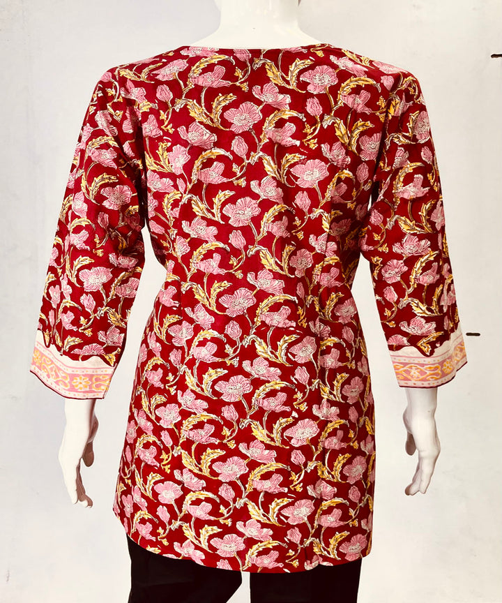 Red pink handblock printed cotton top