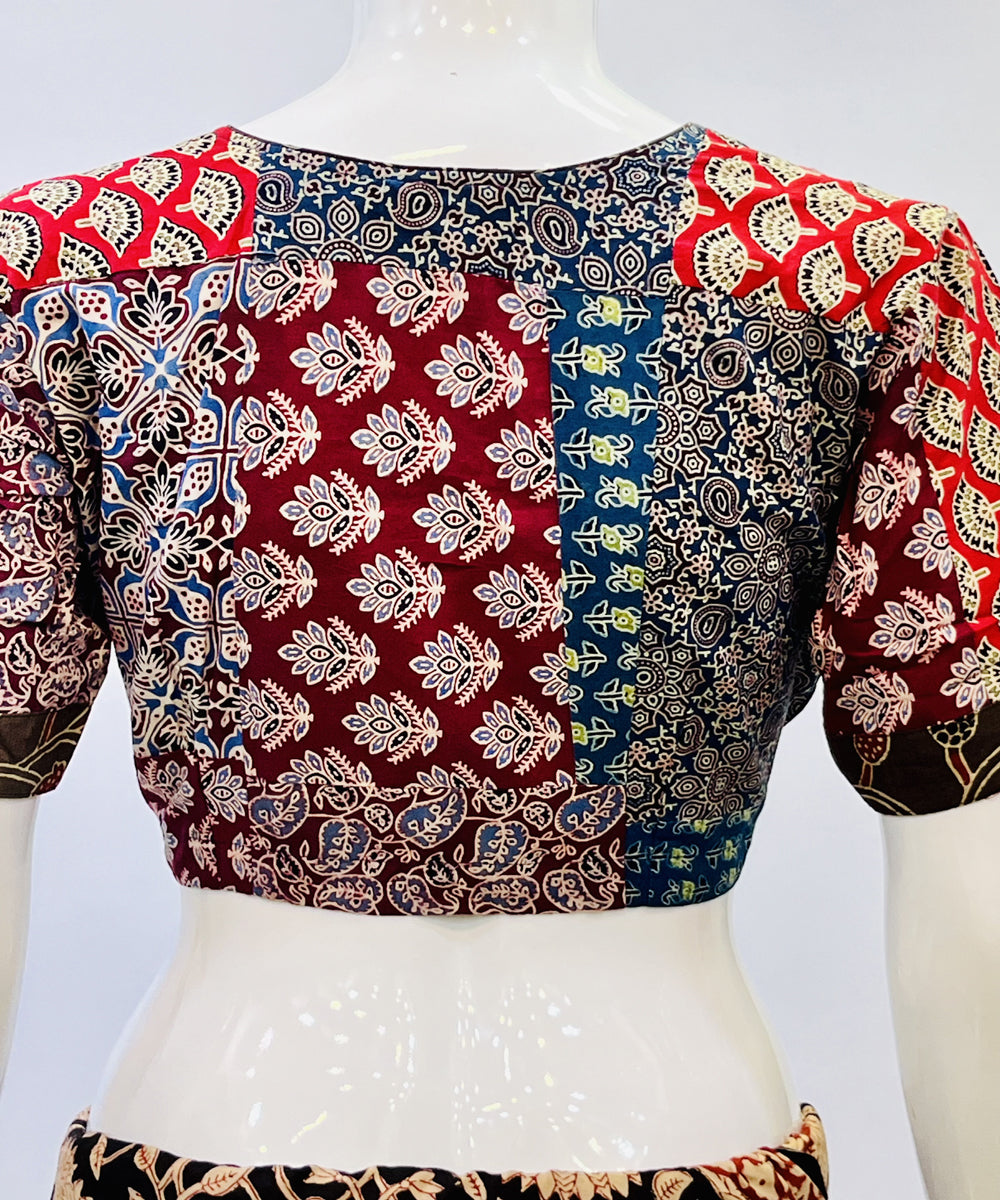 Blue red ajrakh patch work cotton blouse