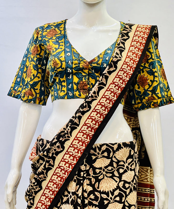 Yellow green kalamkari handblock printed cotton blouse