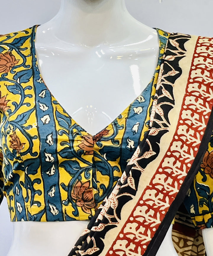 Yellow green kalamkari handblock printed cotton blouse