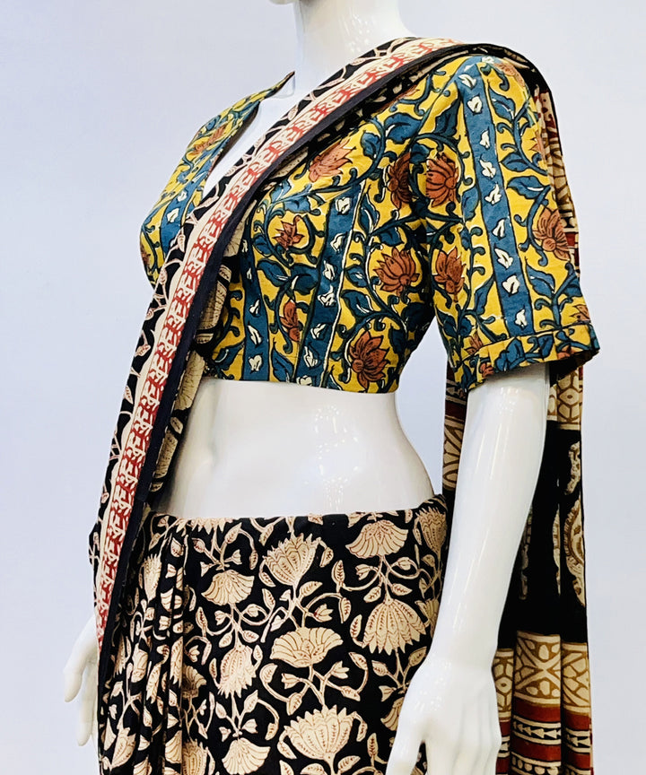 Yellow green kalamkari handblock printed cotton blouse