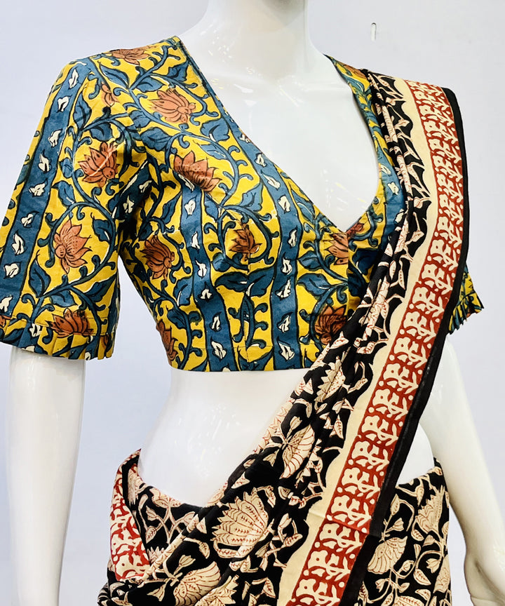 Yellow green kalamkari handblock printed cotton blouse