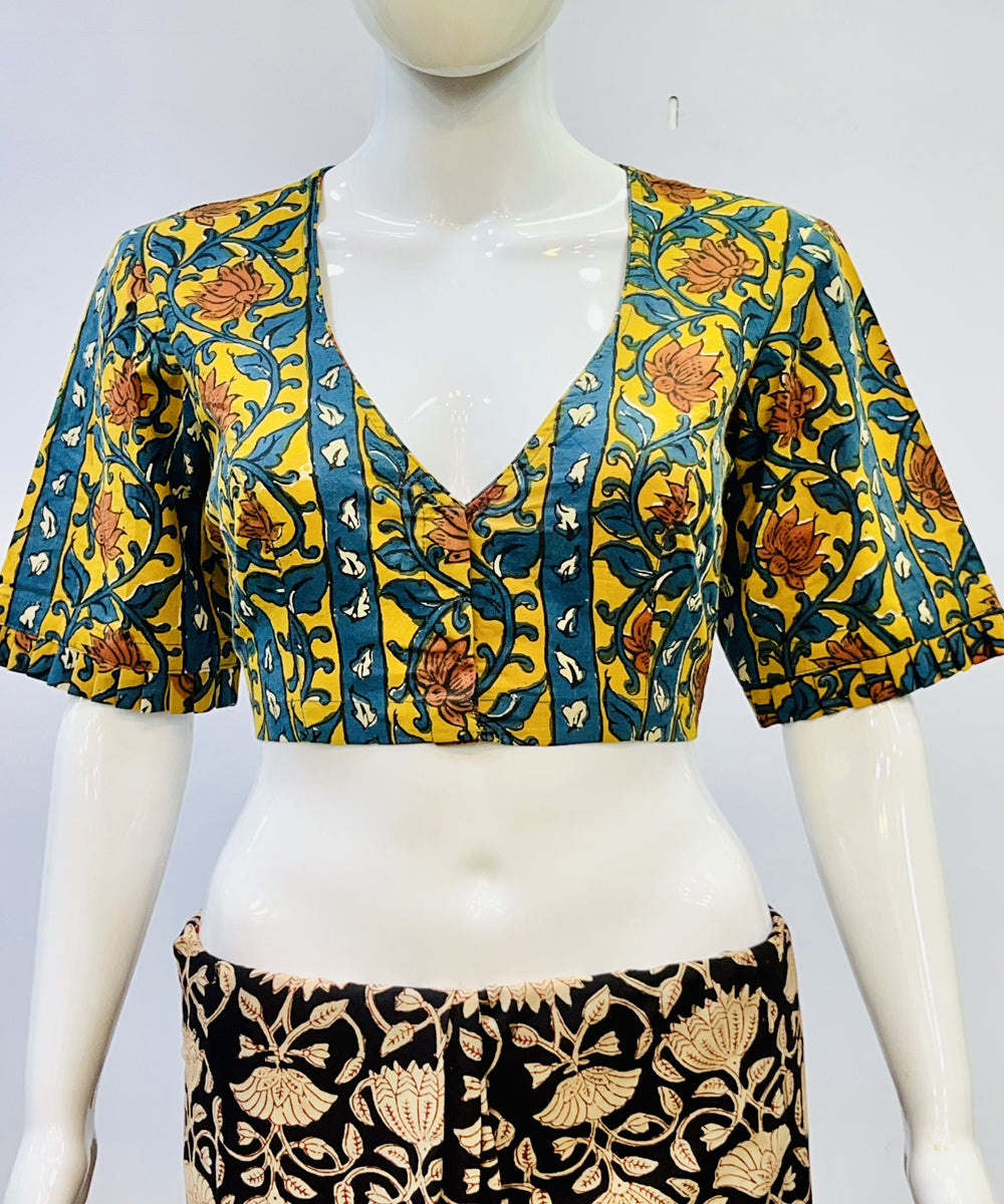 Yellow green kalamkari handblock printed cotton blouse