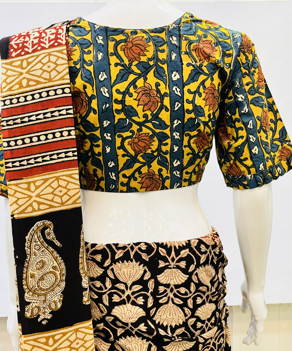 Yellow green kalamkari handblock printed cotton blouse