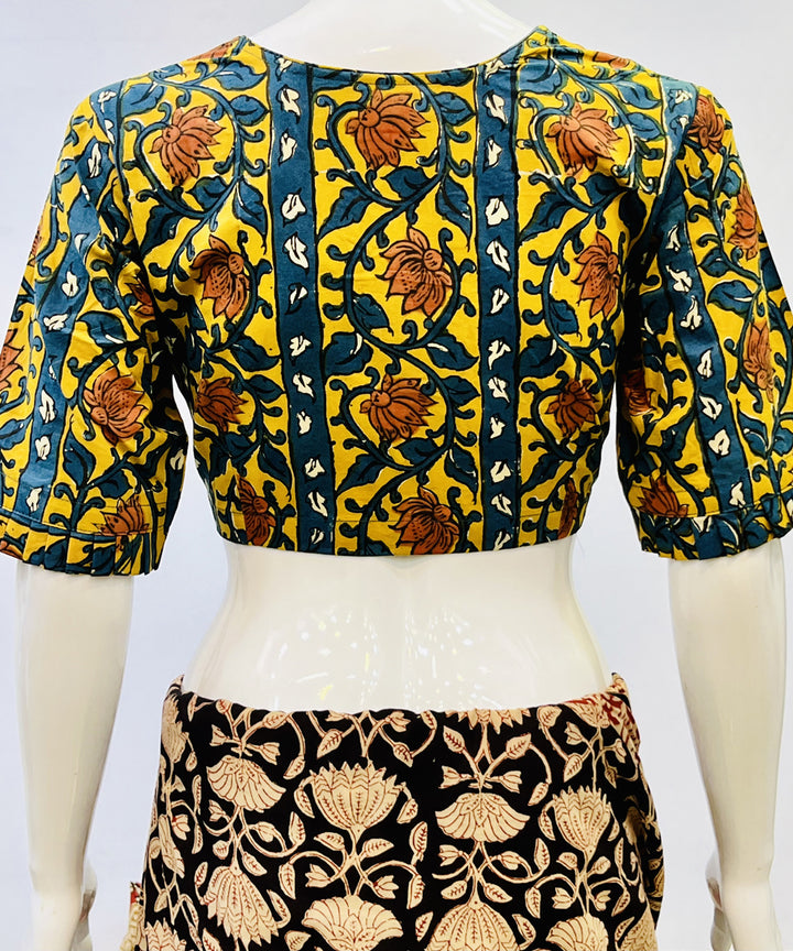 Yellow green kalamkari handblock printed cotton blouse