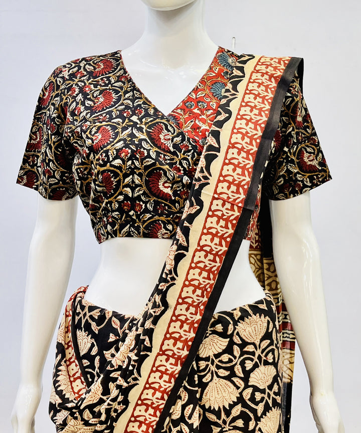 Black red kalamkari handblock printed cotton blouse