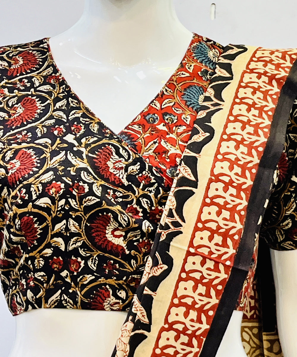 Black red kalamkari handblock printed cotton blouse