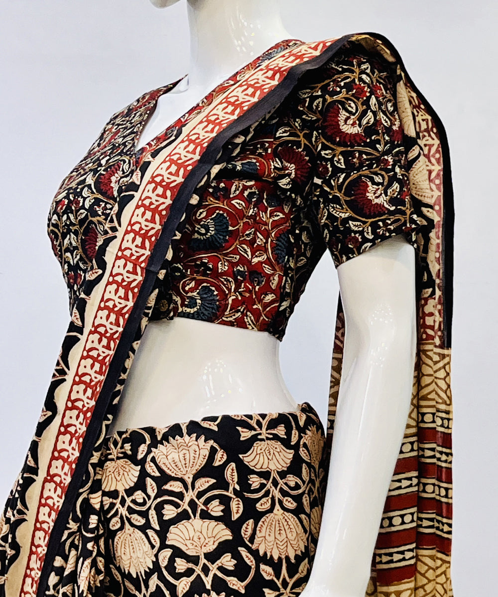 Black red kalamkari handblock printed cotton blouse