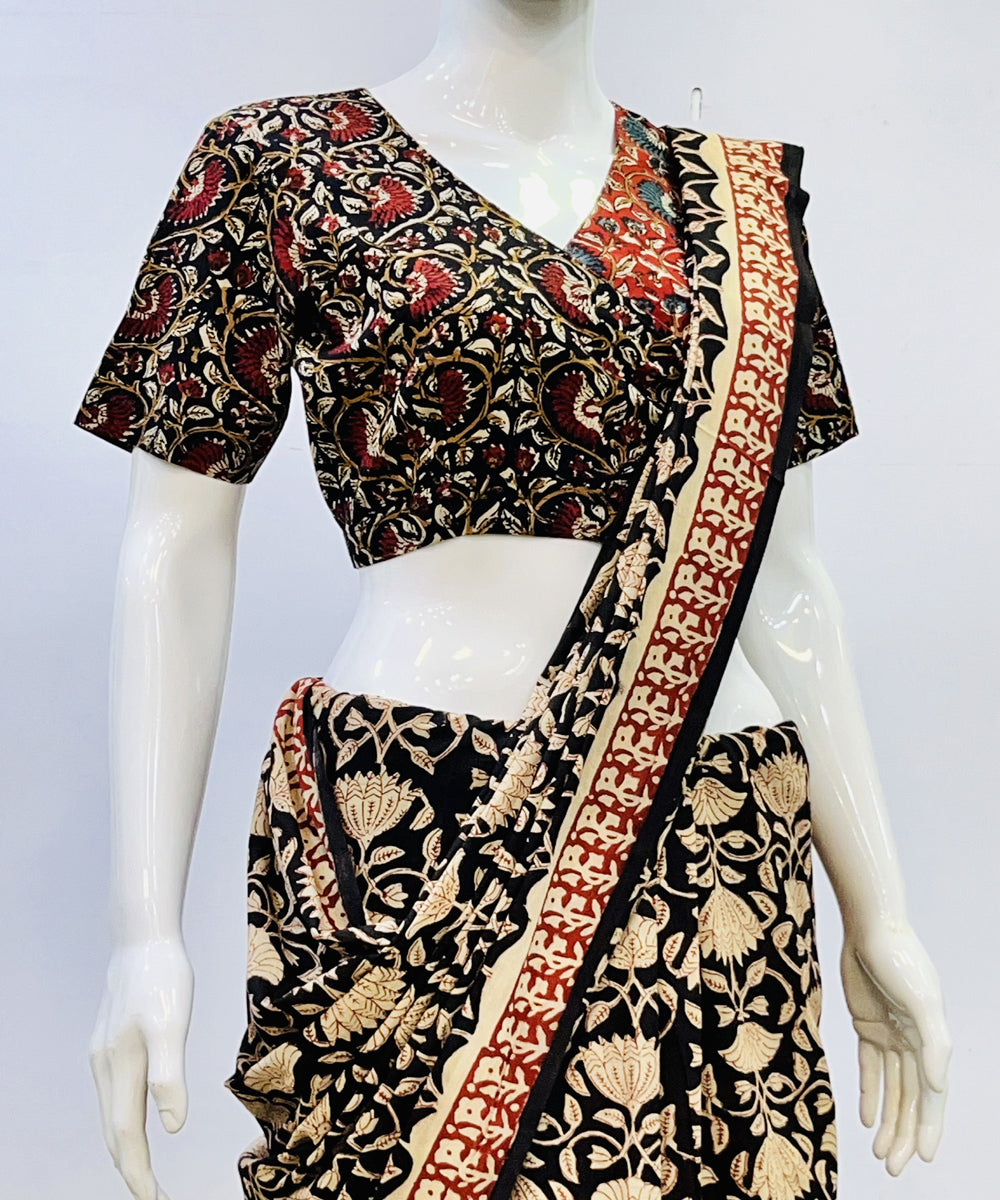 Black red kalamkari handblock printed cotton blouse