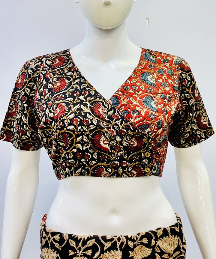 Black red kalamkari handblock printed cotton blouse