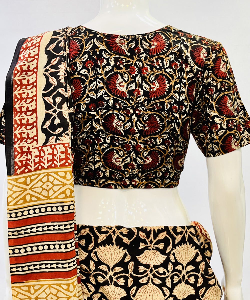 Black red kalamkari handblock printed cotton blouse