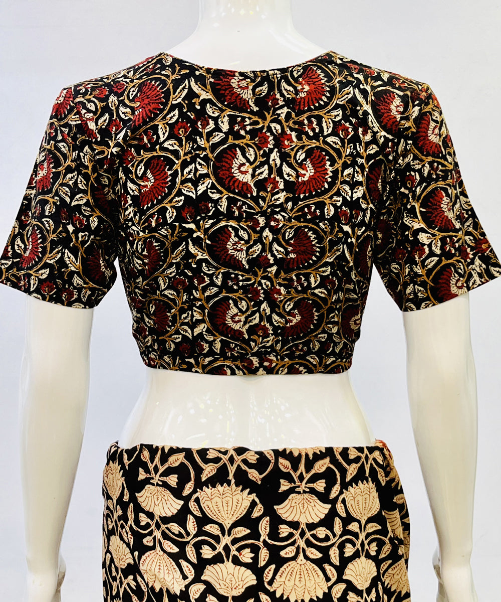 Black red kalamkari handblock printed cotton blouse