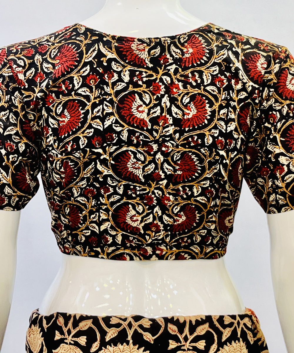 Black red kalamkari handblock printed cotton blouse