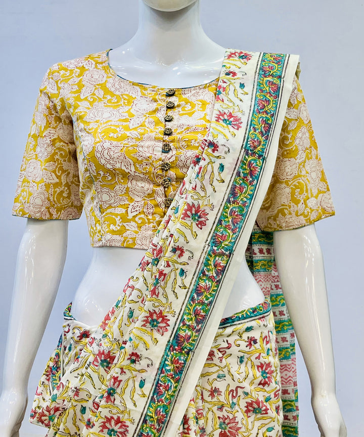 Yellow beige handblock printed cotton blouse