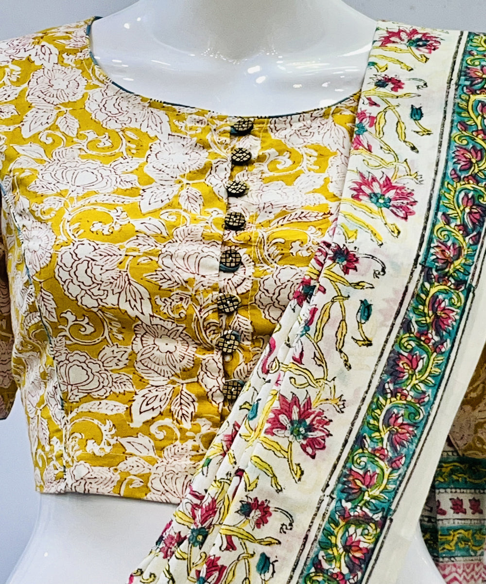 Yellow beige handblock printed cotton blouse