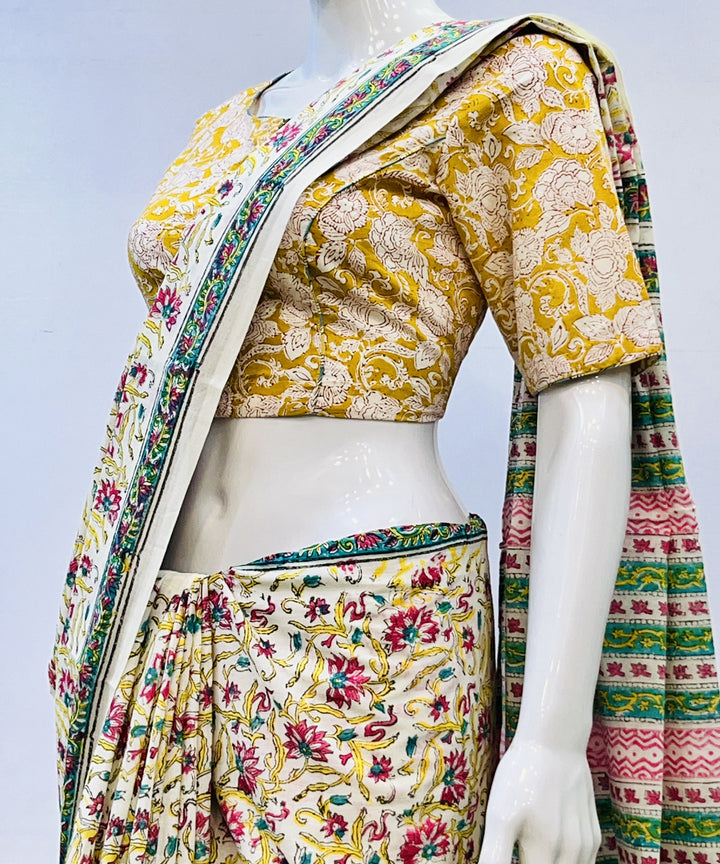 Yellow beige handblock printed cotton blouse