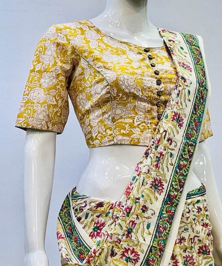 Yellow beige handblock printed cotton blouse