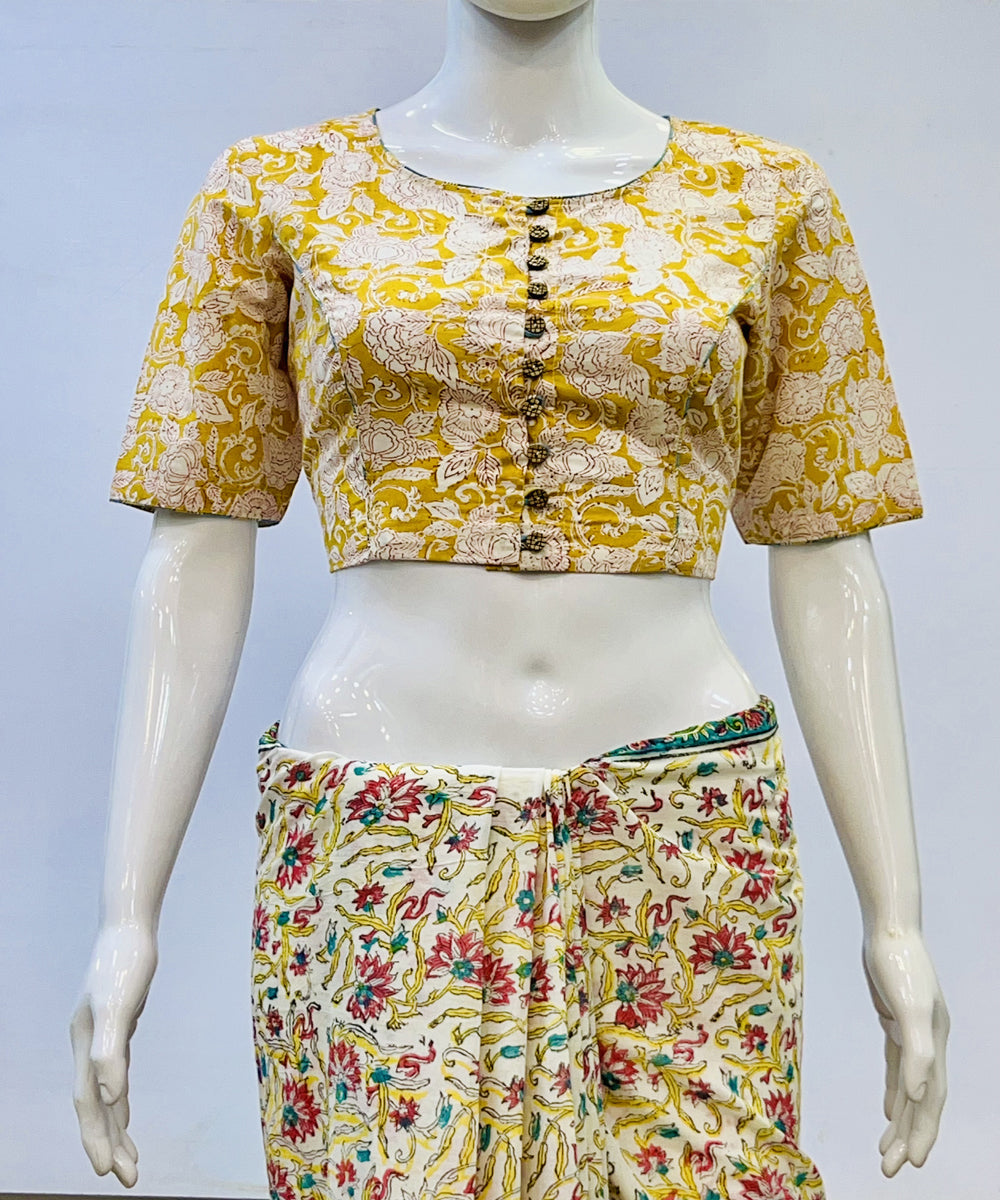 Yellow beige handblock printed cotton blouse