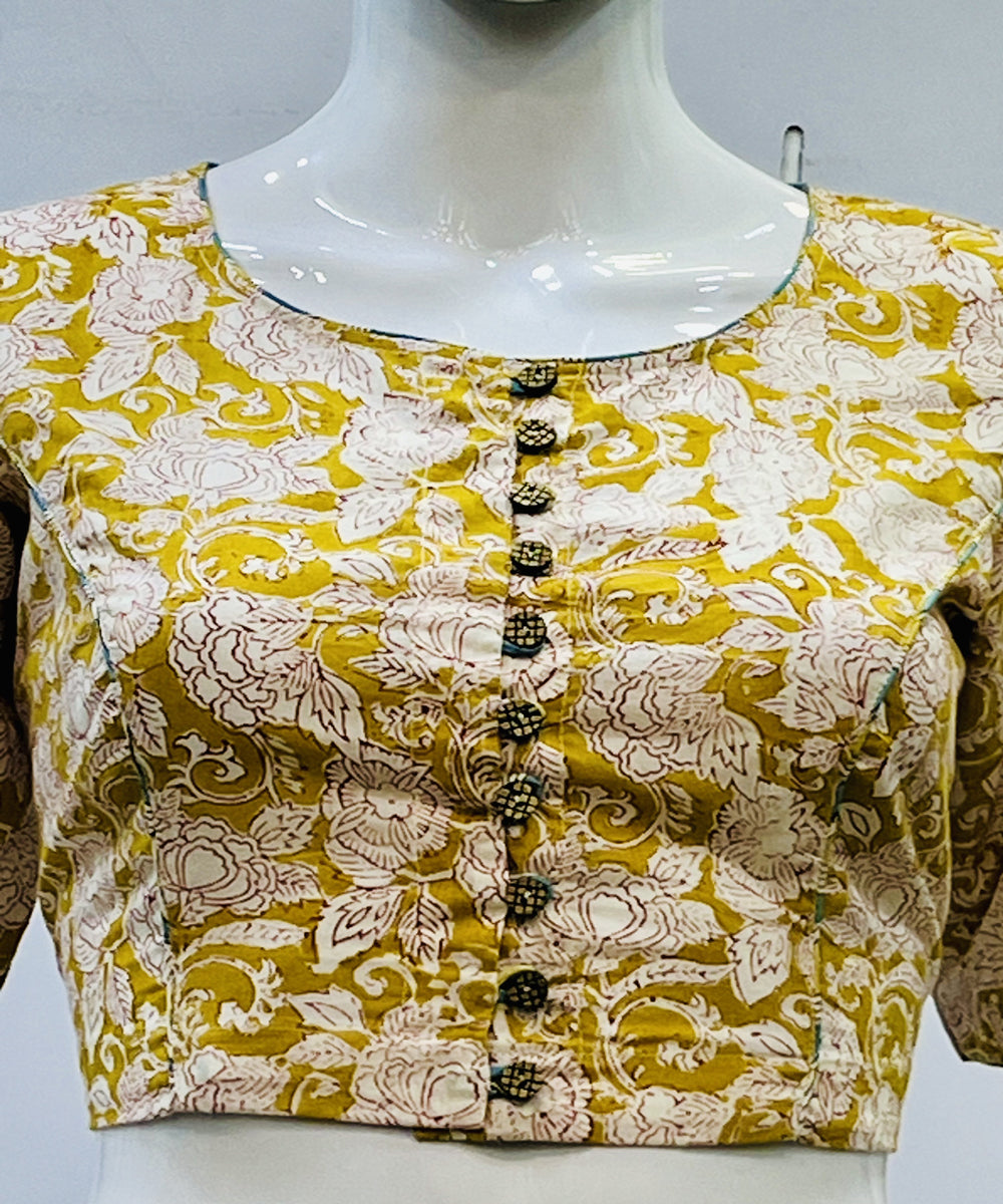 Yellow beige handblock printed cotton blouse