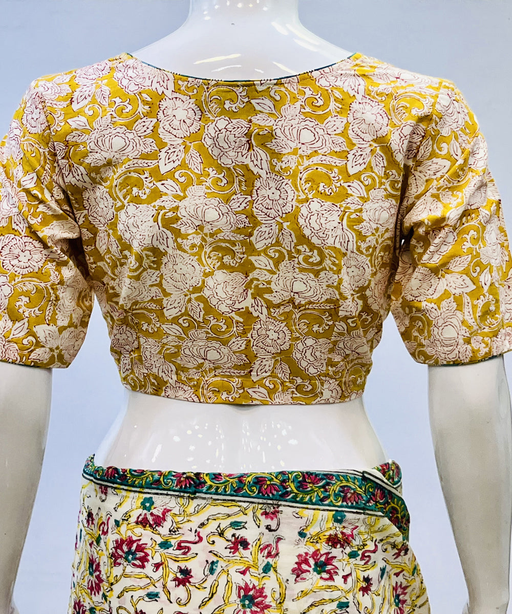 Yellow beige handblock printed cotton blouse