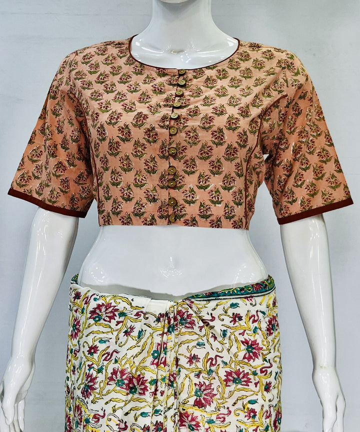 Peach black handblock printed cotton blouse