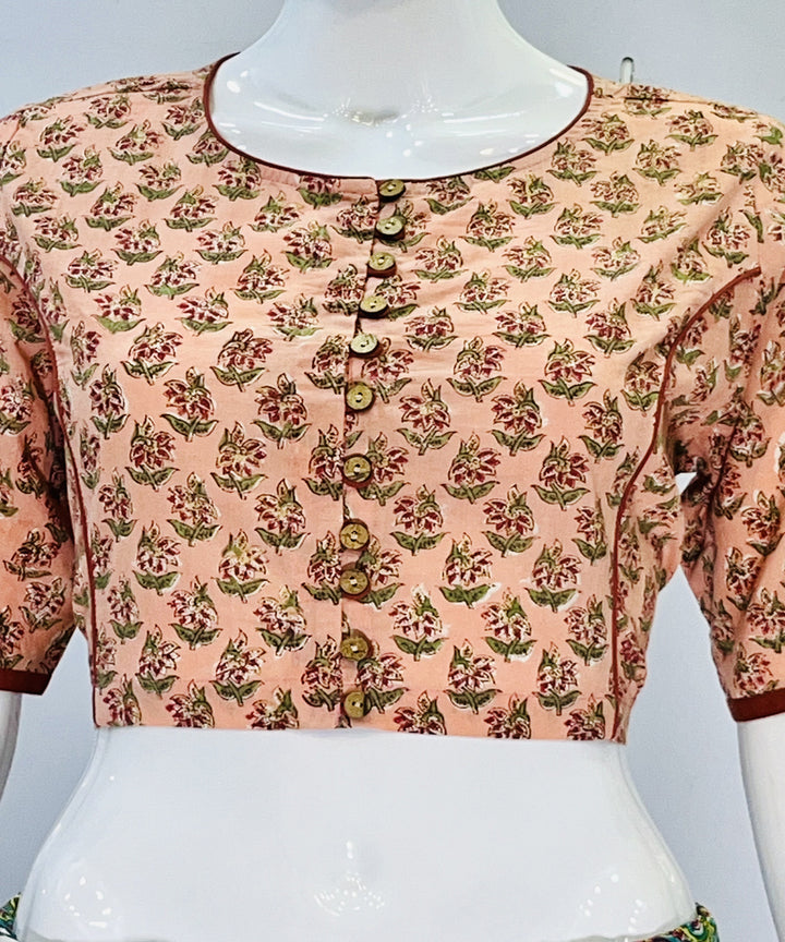 Peach black handblock printed cotton blouse