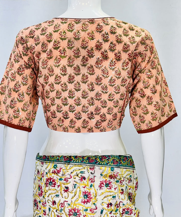 Peach black handblock printed cotton blouse